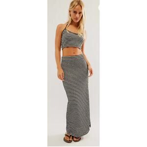 Free‎ People Helin Set Skirt Only High Rise Knit Maxi Slit Black White Size L